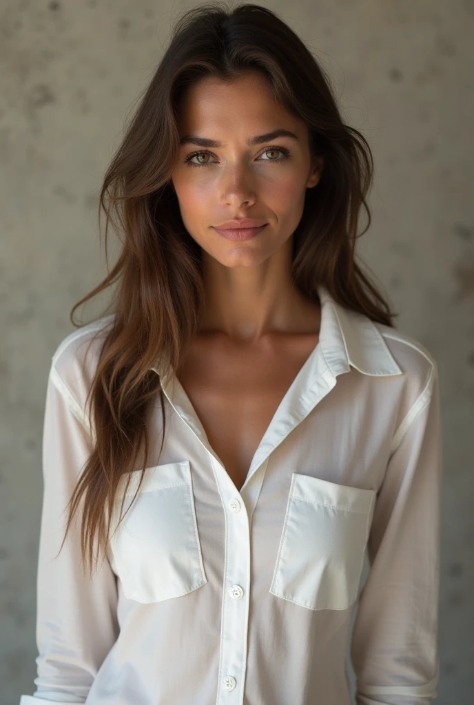 Arafed Mujer con una camiseta blanca sin mangas y un collar,  con ojos verdes, Retrato Sophie Mudd, brown hair and large eyes, selfie de una mujer joven, Ojos del dormitorio, Violeta Myers, sin maquillaje, Maquillaje natural, staring directly into camera, cara con artgram, maquillaje sutil, Impresionante foto de cuerpo completo, penetrantes ojos verdes, beautiful angle, Pose atractiva, Cute little girl, pose sexy, Imagen de cuerpo entero, cuerpo completo, full body shoot, Diosa morena, High detail, Pose satisfecha, pantalones de cuero