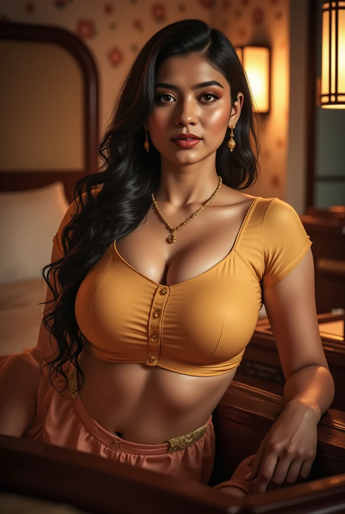 Portrait wide angle long shot of two beautiful gorgeous 19-year-old Tamil girls, wearing thin white shirt, mini jeans, sports shoes, sitting on an exotic table, leaning backwards, moving heads upwards pushing breasts out, in a luxurious restaurant, meticulous detailed face, hyper maximalised background.
