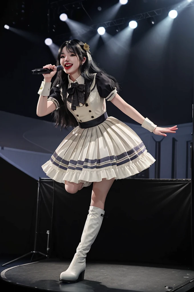 realistic, photorealistic, masterpiece, best quality, idol_costume, white knee boots, 1girl, solo, smile, idol, full body, looking at viewer, long black hair, sitting on stage, stage lighting, stage spotlight, detailed background, singing, holding microphone, audience,
