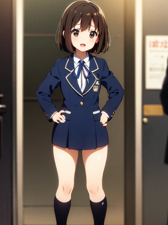 (1) There is one high school girl with beautiful legs., (She lifts up her skirt to show off her beautiful bare legs and panties:1.5),
(3) A high school girl wears a white collared shirt and a navy blue uniform blazer.、The skirt is a mini version of the gray uniform skirt.、I am wearing loose socks on my feet.,
(4) The visible panties are simple white cotton.,
(5) High school girl has a brown ponytail, shining eyes, provocative grinning expression,
(6) The location is the high school courtyard.,
(7) highest quality, High resolution, realistic pictures, realistic skin,