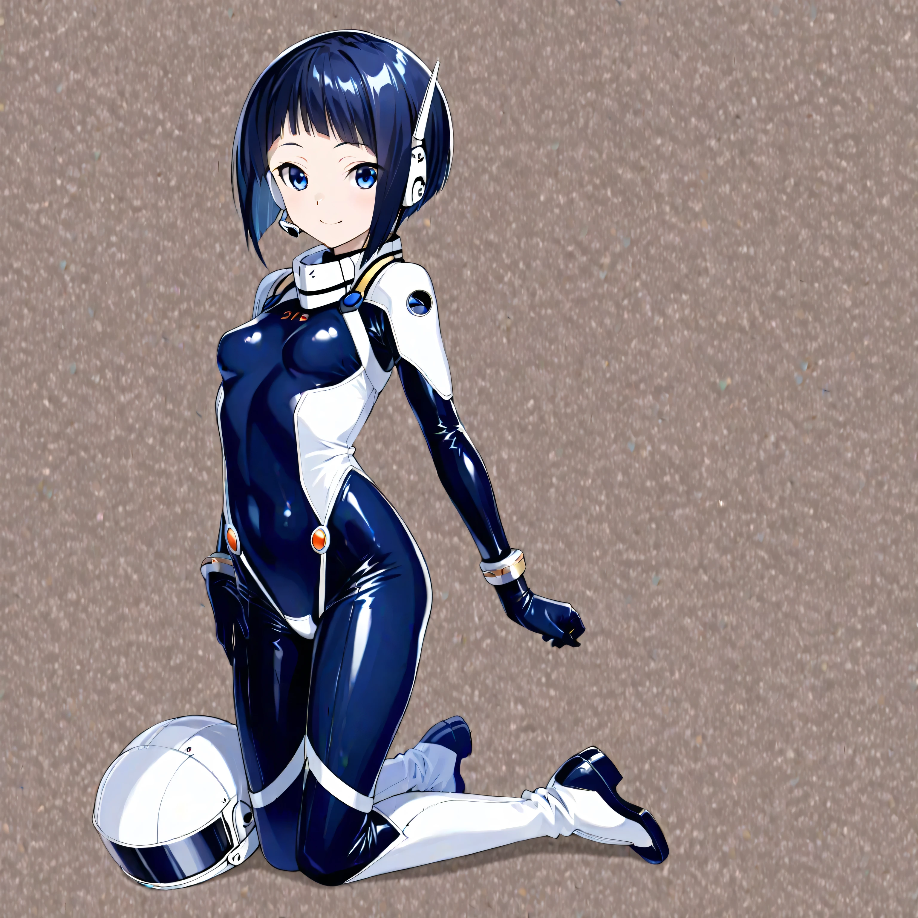 (masterpiece、Highest Quality、highest resolution、 clear image 、 Detailed Details ):(full body、20 year old girl、 improves white space outfits The Face of Japan 、Shaoyang、 slim、 Dark blue super short bob-cut hair 、(Hidden small breasts:1.3)、 Shining Blue Eyes 、 white and dark blue shiny pilot suit 、Chest protection armor、tight clothes、full bodyを覆う white and dark blue shiny pilot suit 、魅力的な white and dark blue shiny pilot suit 、 fitted pants 、肌を隠す white and dark blue shiny pilot suit 、very delicate and beautiful、胸を隠す white and dark blue shiny pilot suit 、肩を隠す white and dark blue shiny pilot suit 、detailed skin、太ももを隠す white and dark blue shiny pilot suit 、お尻を隠す white and dark blue shiny pilot suit 、cute、gentle smile、kind expression、heroine、headset、long hard boots 、Elbow-length gloves、eye shooting 、 Peace talks between warring factions 、attention arousal、Clever Blue Eyes 、Straight face 、Kneeling Pose、Futuristic space combat helmet)、simple background