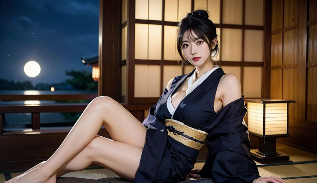 (8K, Best Quality, masutepiece:1.2), (SFW:1.3), (Realistic, Photorealsitic:1.37), 1 beautiful girl, Full body, Sexy body, Komono, Mini skirt, Long hair, ribbon in her hair,Former Japan Village, Night, fullmoon, Moonlight, fire, Holding a sword, Fantasy, Floating hair, Sateen, A Japanese Lady ，samurais