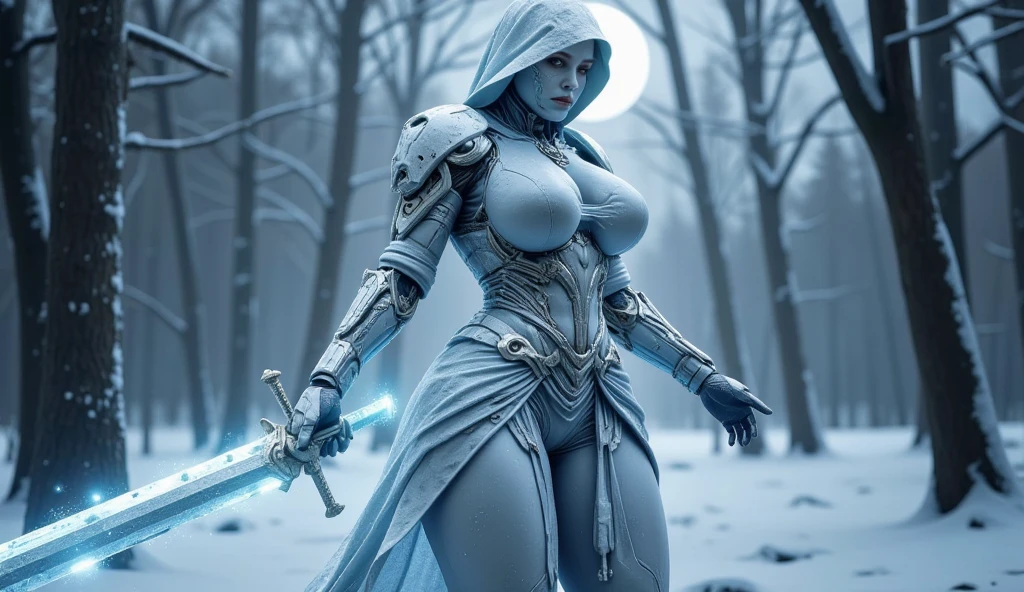 Woman with blue skin and silver hair full body 