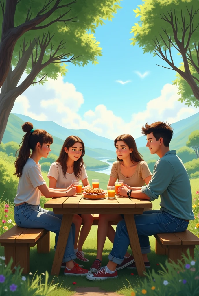 Five friends doing picnic photo and adult