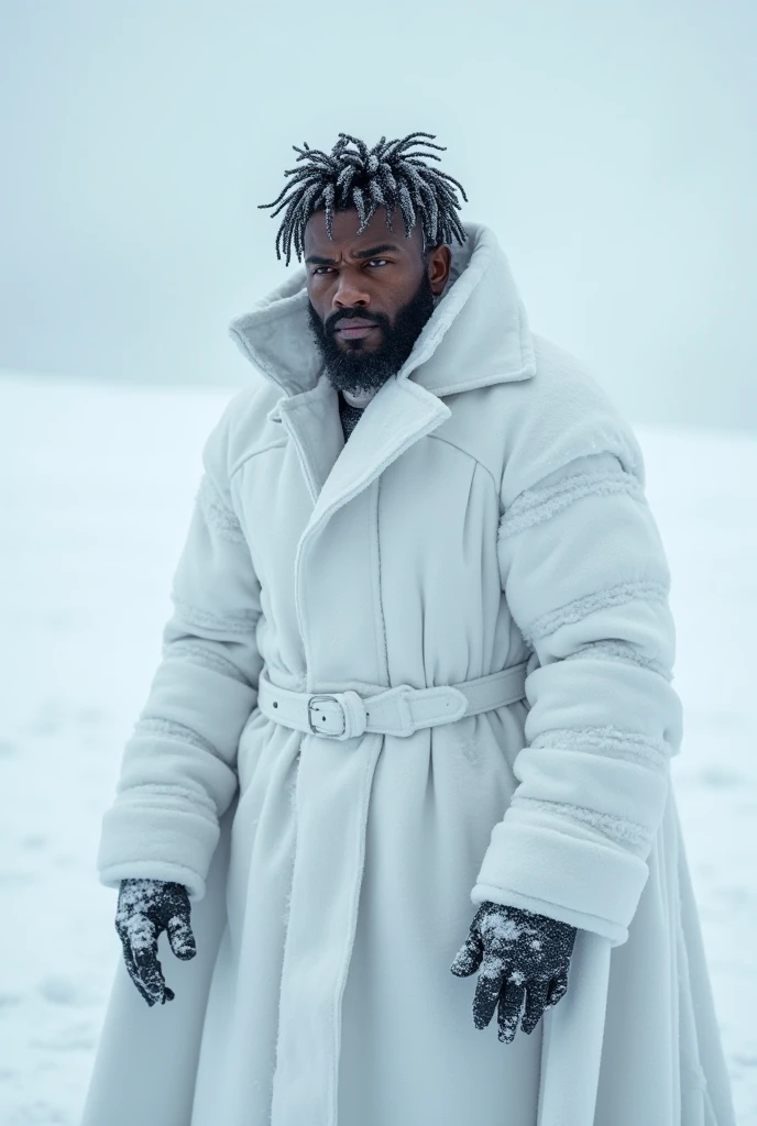 Sci-fi cinematic film scene slightly muscular African-American man with a short Afro White hair wearing a white blindfold With a red cross on it on his eyes Wearing a white robe and a giant black wrestling belt with a white cross on it wearing a giant White sweatpants and a white leather boots and a man is outside a dark forest realistic photograph movie scene dark atmosphere,35mmm