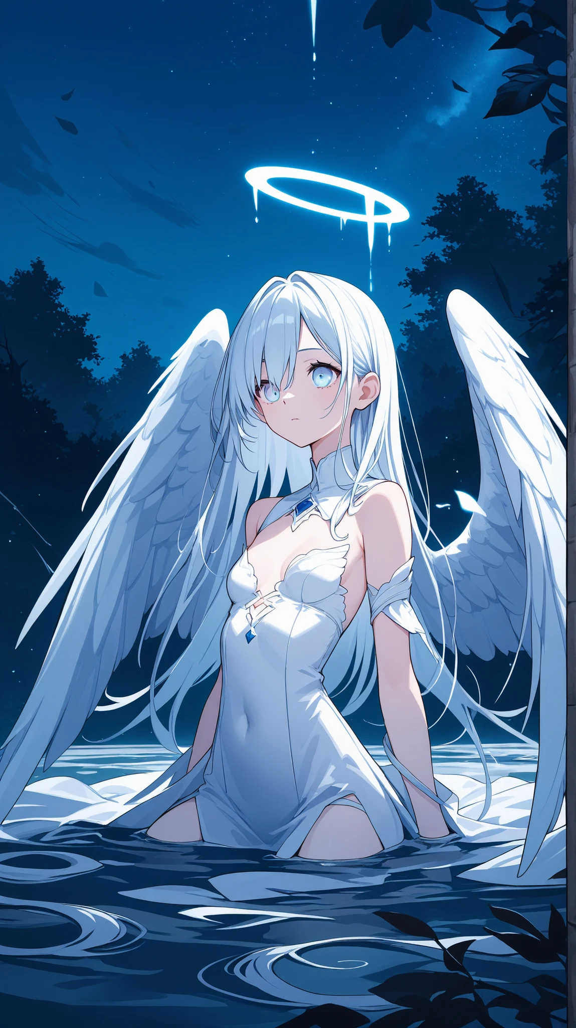 1girl, fallen_angel, small_breasts, sky, night, light_blue_eye, 