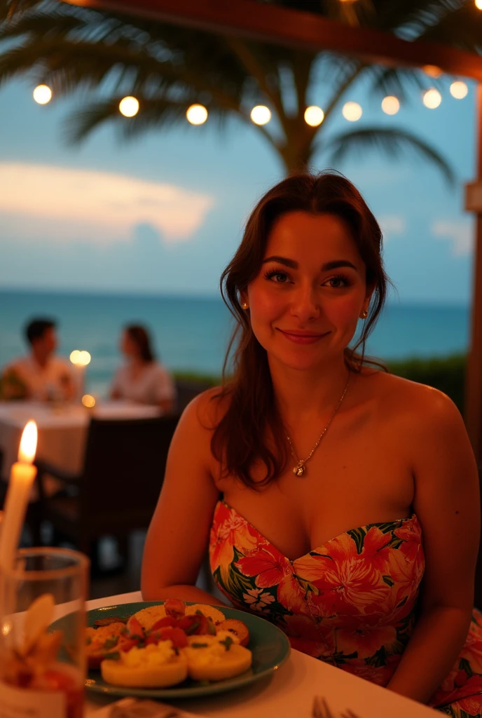 an adult woman, wearing glasses, smiling thoughtfully, brown hair, a bright green dress with white polka dots with flounces around her chest, her right hand on an armchair, by the sea, the sun is setting in the sea, a beautiful sunset, next to a table on which there is a vase with purple wildflowers and a glass of red wine