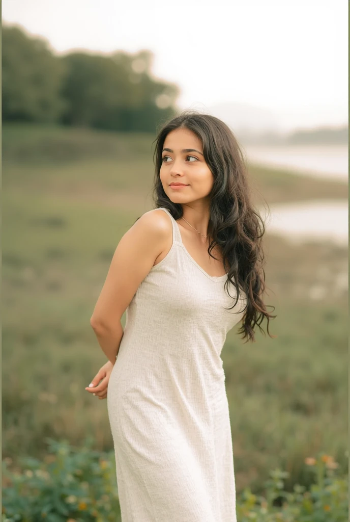 NSFW, ((Top Quality)), ((8K)), ((Masterpiece: 1.3)), (Perfect Appearance), (Photorealism: 1.6), (sandy beach at dusk ), (woman looking back), (A woman blown by the wind on the beach), (standing figure), Japanese woman, (48 years old), married woman, ((Realistic skin texture 1.8)), (Fine wrinkles throughout the skin: 1.3), (Dull skin: 1.1), (Skin without moisture: 1.2) , (Wrinkles on the face: 0.9), (Wrinkles on the corners of the eyes: 1.2), Double eyelids, tear bags on the lower eyelids, (Crying moles: 0.9), The eyes are looking here, smiling with lips slightly open, (Dimples: 1.2), (The bangs are swept to one side), long hair, unbound hair, (hair blowing in the wind), shirt with large neckline, Flare long skirt, skirt fluttering in the wind, ((whole body)),