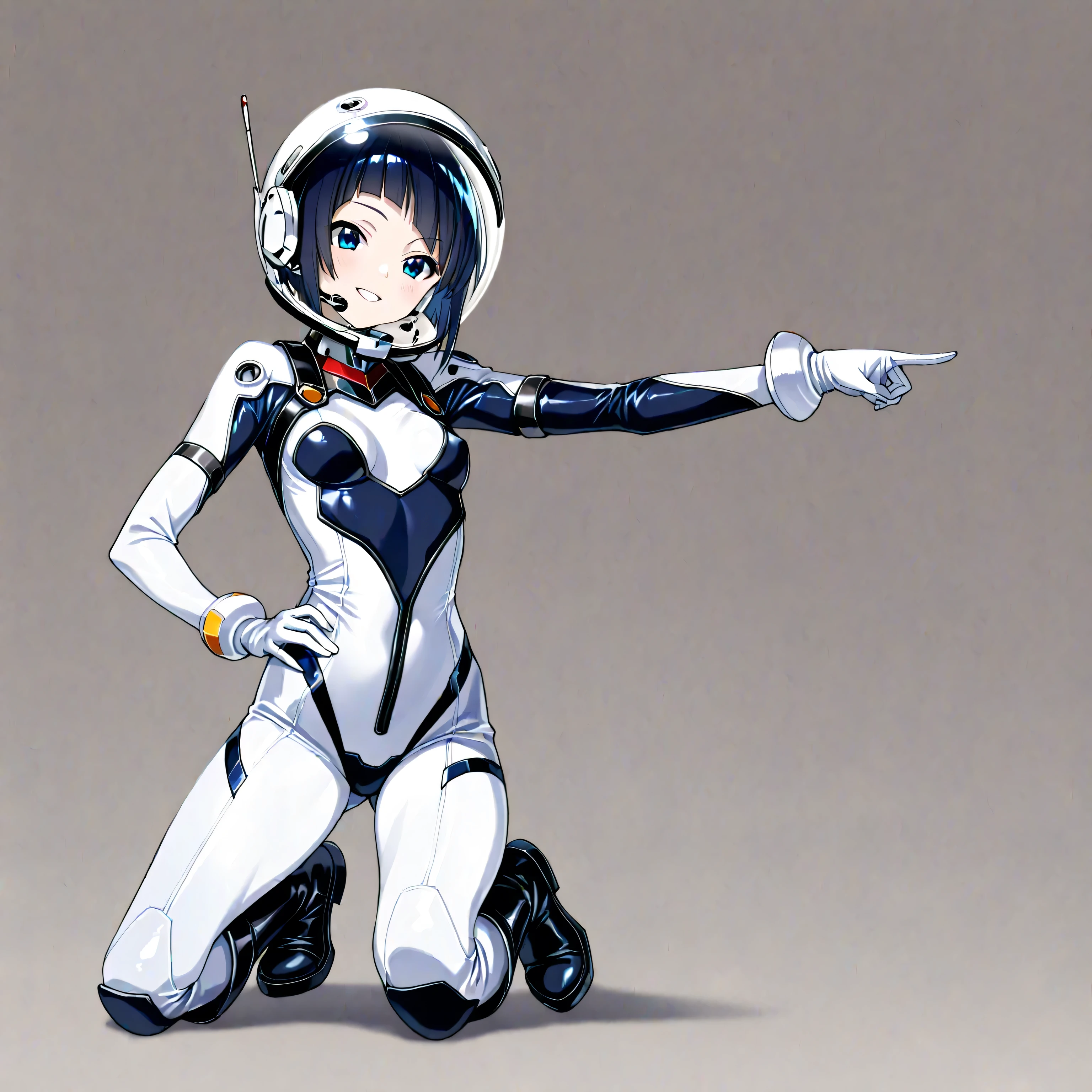 (masterpiece、Highest Quality、highest resolution、 clear image 、 Detailed Details ):(full body、20 year old girl、 improves white space outfits The Face of Japan 、Shaoyang、 slim、 Dark blue super short bob-cut hair 、(Hidden small breasts:1.3)、 Shining Blue Eyes 、 white and dark blue shiny pilot suit 、Chest protection armor、tight clothes、full bodyを覆う white and dark blue shiny pilot suit 、魅力的な white and dark blue shiny pilot suit 、 fitted pants 、肌を隠す white and dark blue shiny pilot suit 、very delicate and beautiful、胸を隠す white and dark blue shiny pilot suit 、肩を隠す white and dark blue shiny pilot suit 、detailed skin、太ももを隠す white and dark blue shiny pilot suit 、お尻を隠す white and dark blue shiny pilot suit 、cute、gentle smile、kind expression、heroine、headset、long hard boots 、Elbow-length gloves、eye shooting 、 Peace talks between warring factions 、attention arousal、Clever Blue Eyes 、Straight face 、Kneeling Pose、Futuristic space combat helmet)、simple background