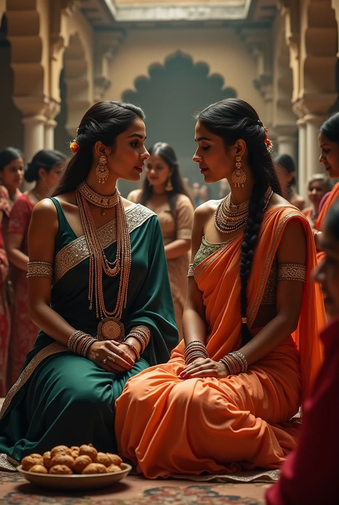 Young queen of india dressed in indian saris and young queen of Britain dressed in european dress, standing in an imperial palace, glaring at eachother
