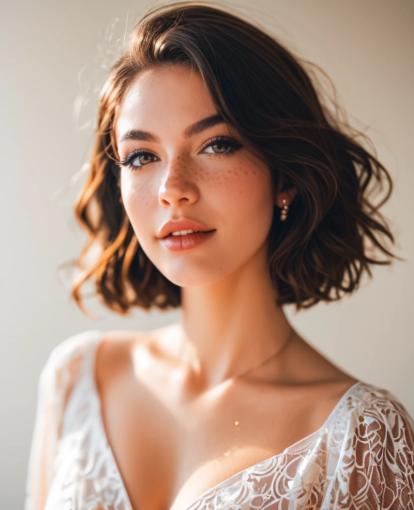 Real picture of a woman with short and wavy hairs, huge boobs, without shirt, fully naked, orgasm face, boobs out, naked