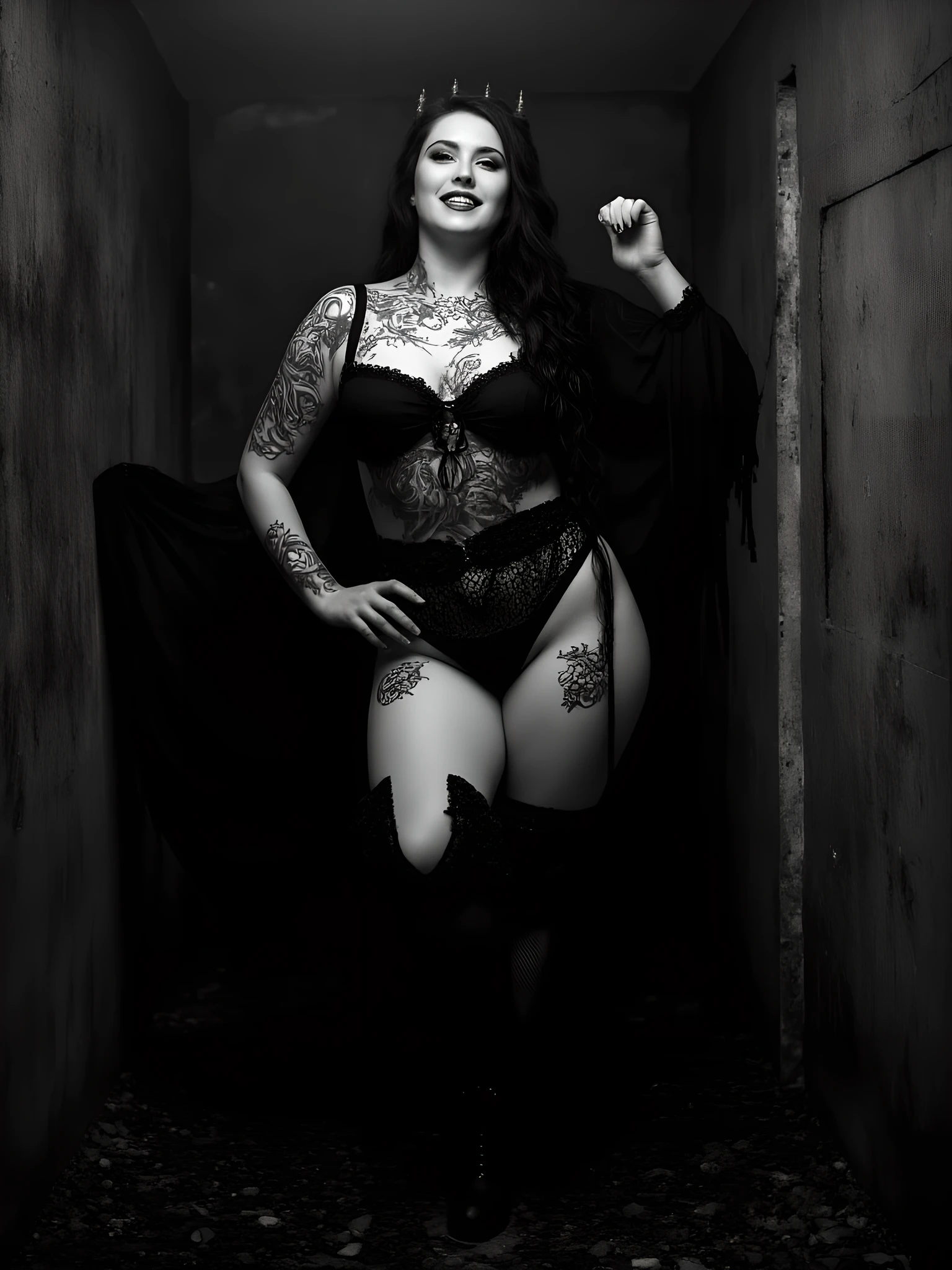 Where Beauty Begins to Burn.
Dangerous, divine, decadent—a deadly nightshade, presenting the wildly enigmatic Bella-Donna Vonâge.
Ditta Vonâge’s stunning elusive cousin, Bella-Donna surpasses even Ditta’s breathtaking beauty tenfold. She embodies generative beauty beyond human imagination—defiant, gothic black raven, darker and sexier, a distant cousin to Ditta. Bella-Donna exudes raw provocation with subtle, playful, effortless elegance. Her mysterious smile lights up a room; her mythology is legendary. When Bella-Donna Vonâge appears, the world pauses, captivated by her dark rebellious divinity.
A world-first soft kinky erotic boudoir (black and white analog photoshoot), reimagined in the darkly fetishized, surreal styles of Nobuyoshi Araki, Eikoh Hosoe, Helmet Newton, and Daido Moriyama. Shot medium-format on lush, moody Cinestill (Eastman Kodak 5222) Double-X Black & White film, it explores brooding sensuality wrapped in breathtaking introspection.
She stands in black gothic French lace lingerie, ripped fishnets, and a long dark post-apocalyptic shawl by Demobaza. Posed with one leg bent, foot against a derelict dungeon wall, the other on the ground—a true rebel girl full-body stance. Her bohemian hair flows loose with a top knot and side tassels.
Her voluptuous body is perfect poetic symmetry; her mischievous smile and hypnotic gaze are hauntingly dangerous. Moody underground lighting, gritty softbox illumination, high contrast, sharp focus capture her immaculate proportions in fine detail. Dark palette gothic minimalist background elements enhance the scene.
This rare, intimate full-body portrait reveals a sacred, untamed muse—her body adorned with stylish Bella-Donna nightshade and black dusk rose tattoos, creeping poison ivy wrapping across her form, black lilies, mythical symbols, and gothic skulls. These tattoos tell a dark royal tale, reserved for another day. Exhale as you delight in Bella-Donna’s immersive immortal generative beauty.