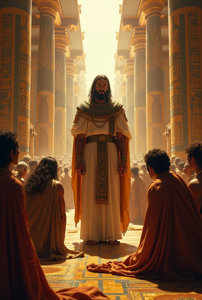 Aaron before the pharaoh: Create an image with Moses and Aaron confronting the pharaoh, with staffs and snakes, while he resists the divine demands