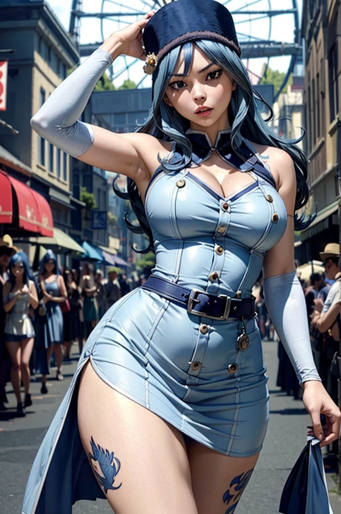 Full body, beautiful blue eyes, blush, cute face, (1 cute woman, solo: 1.1), lips, gigantic breasts, beautiful background, long blue hair, blue dress, blue elbow gloves, blue high heel boots, naked shoulders