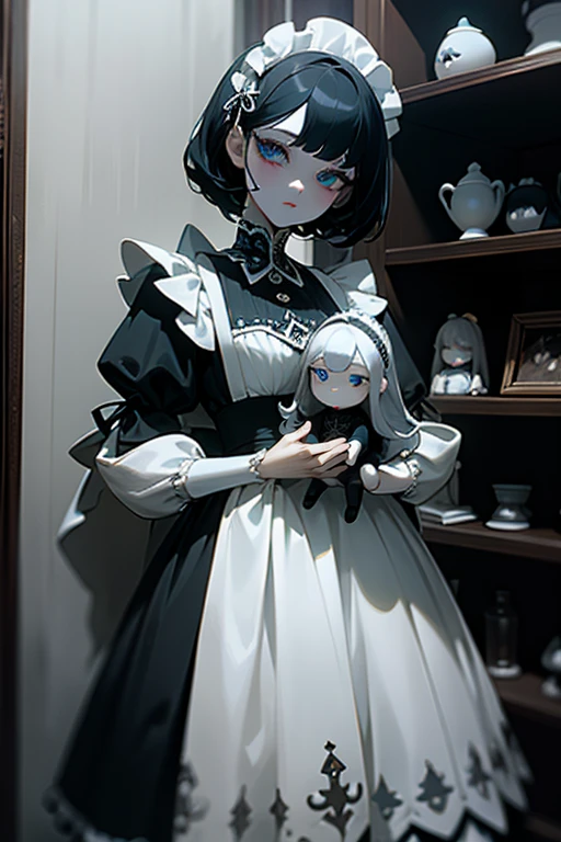(masterpiece、top-quality、hight resolution、Unity 8k Wallpaper、extremely details CG:1), An illustration of a skeletal maid, an undead figure dressed in a formal maid uniform. Despite being nothing but bones, she carries herself with grace and poise, embodying the essence of a dedicated maid. Her attire includes a traditional maid's dress, apron, and a lace headpiece, all meticulously maintained. The skeletal maid is depicted in a respectful, non-threatening manner, emphasizing that she never attacks people. The background could be a grand, gothic-style mansion, enhancing the eerie yet refined atmosphere.