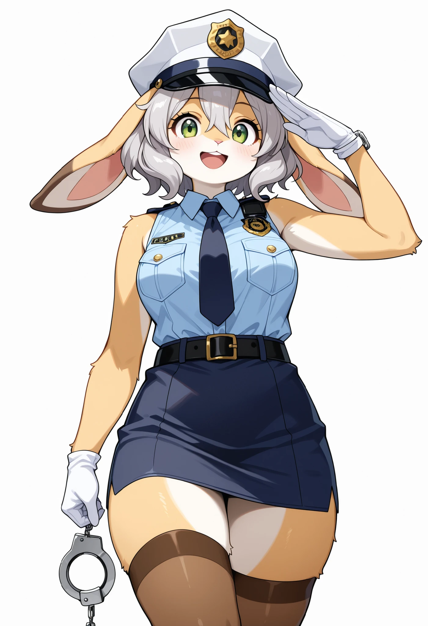masterpiece, best quality, no humans, curvy, aged up, , wide , narrow waist,  smile,    zzCream, cream fur, long ears, 1girl, solo, rabbit girl,   1girl, solo, , looking at viewer, skirt, shirt, thighhighs, hat, ribbon, twintails, , , hair ribbon, , short sleeves, necktie, alternate costume, belt, black thighhighs, indoors, miniskirt, bra, uniform, red ribbon, window, chair, blue shirt, black bra, pencil skirt, police, police uniform, policewoman, police hat  ,<lora:CreamTheRabbit_IXL:1.0>,   C0utur3Cr4z3, <lora:CoutureCraze_IXL:0.7>,