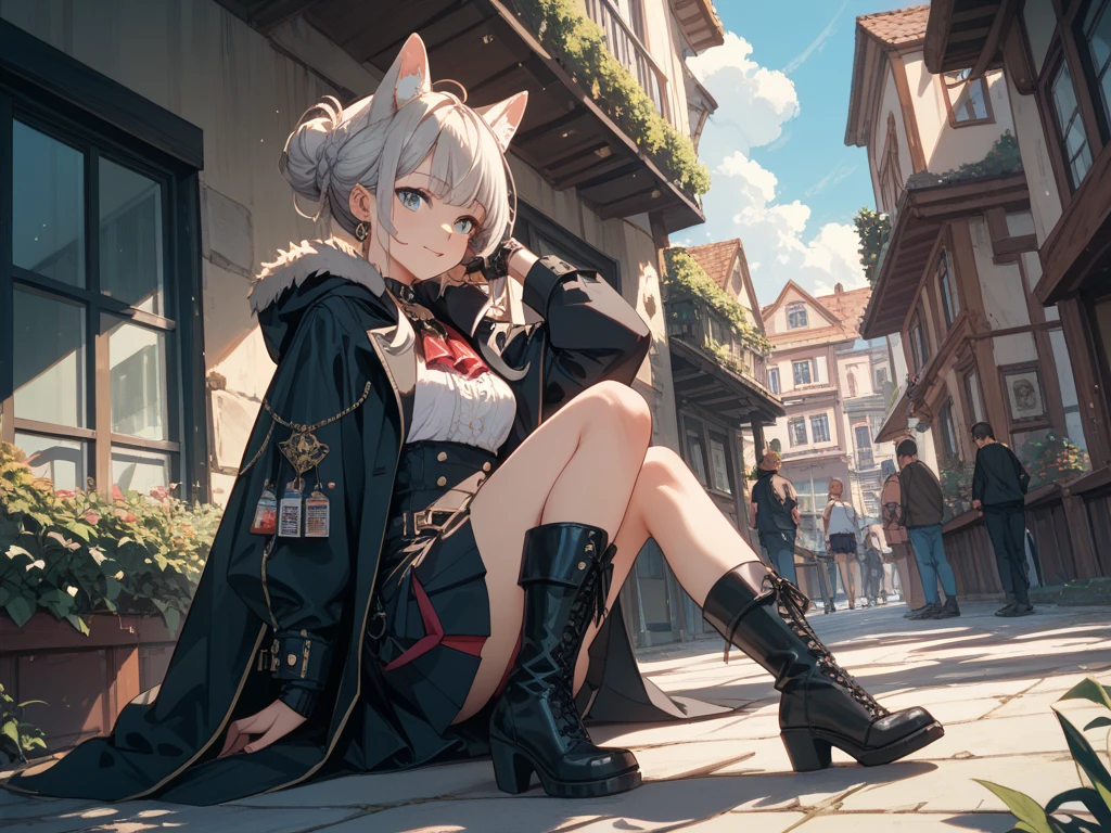 absurd, high resolution, Extremely detailed, Extremely exquisite,Master quality,Perfect picture quality,(1 Girl:1.3),Wearing a coat,Short skirt,Black tights,Long hair, rest , Simple background,Falling maple leaves,and a sense of peace and spirituality. rest , Create an image of a destructive demon, Has a calming feature, ordinary, And the mood of autumn. rest , Capture a wide field of view with a unique perspective, Bent perspective. rest , Creating a rooftop landscape in a forest setting, Panoramic view, Striking skyline, And a sense of sublimation. rest , Describing autumn moments, Capture their connection, like, and Connect. rest , Use pointillism to depict images, Carefully placed dots of color,Create a cohesive and visually stunning whole,Sunlight,Bright,Keep your legs together,Perfect fingers,