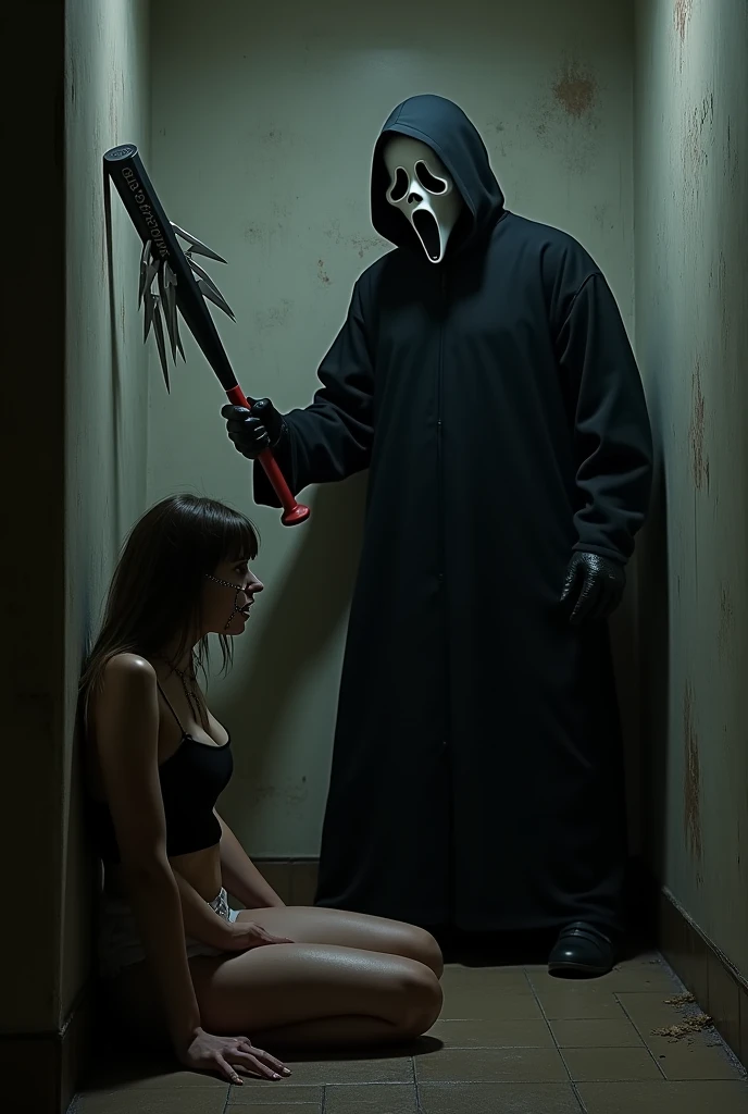 Tanned girl with a serious face, half hidden in the darkness with a knife in front of her face, with the shadow of Ghostface.
