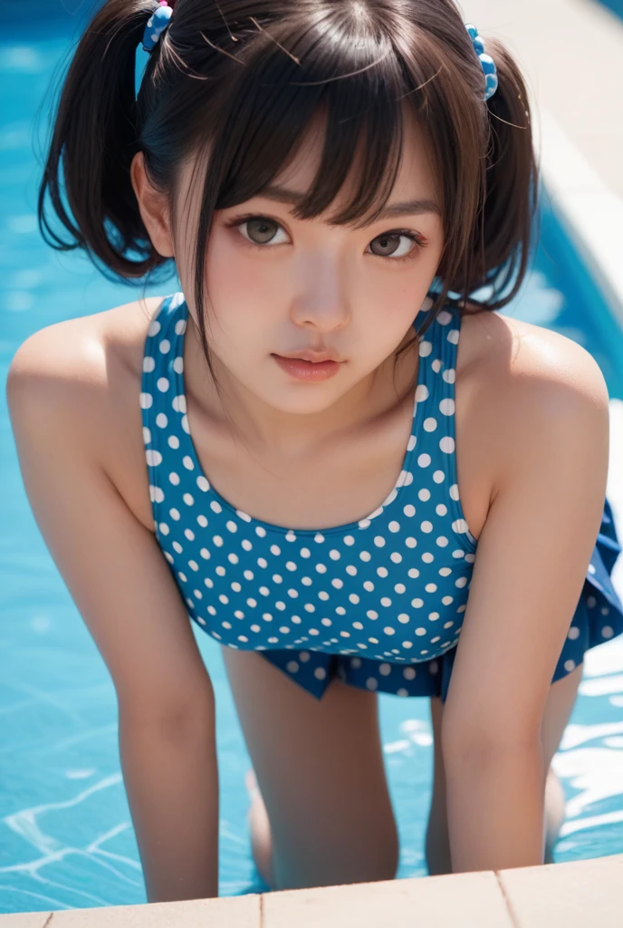 photo realist, Youngh, Japanese cute idol, extremely detailed beautiful idol face, Beautiful detailed big eyes, random ponytail hair style, Swimsuits, spatter, swim in the pool, fully body