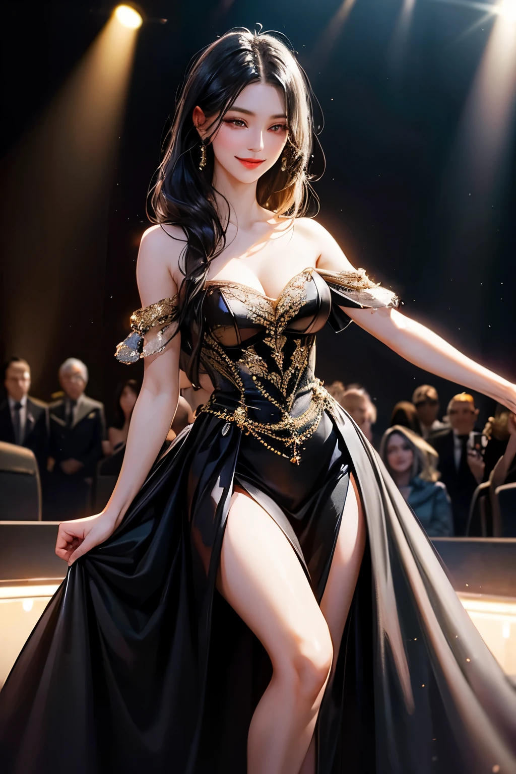 woman, long black hair, elegant, spotlight, shinning, actress, on the stage, smile, beautiful woman, luxury 