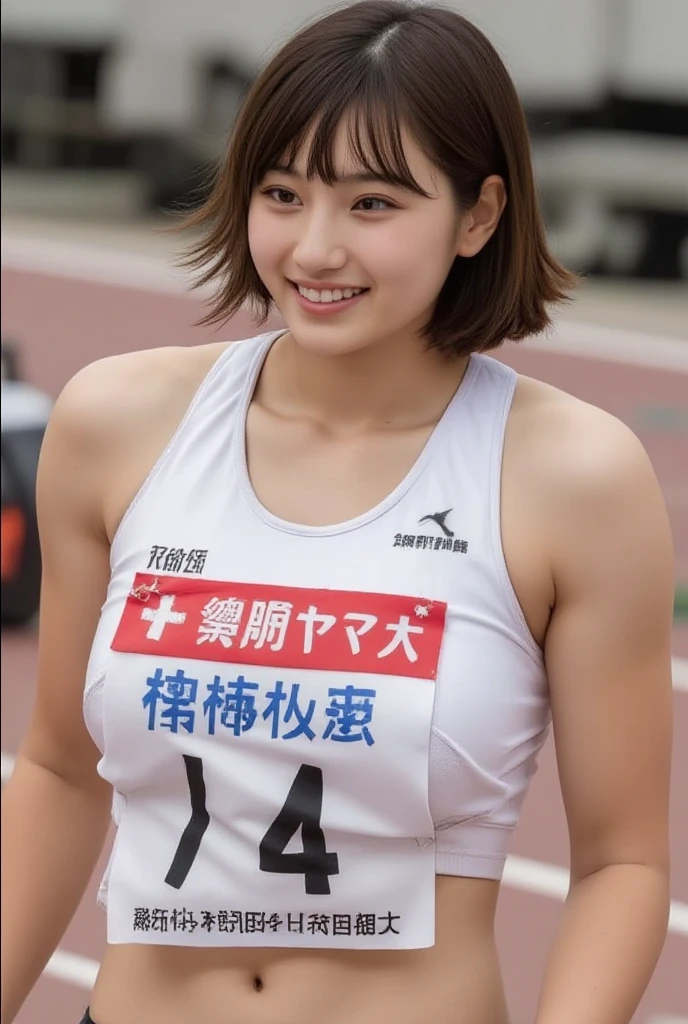 Highest quality、Realistically、Radiant Skin、Japanese women、Around 20 years old、Gravure idol、Athletics stadium with spectators、Track competitions、Number-only bib number、High-leg uniform、Smiling and posing in victory pose、
