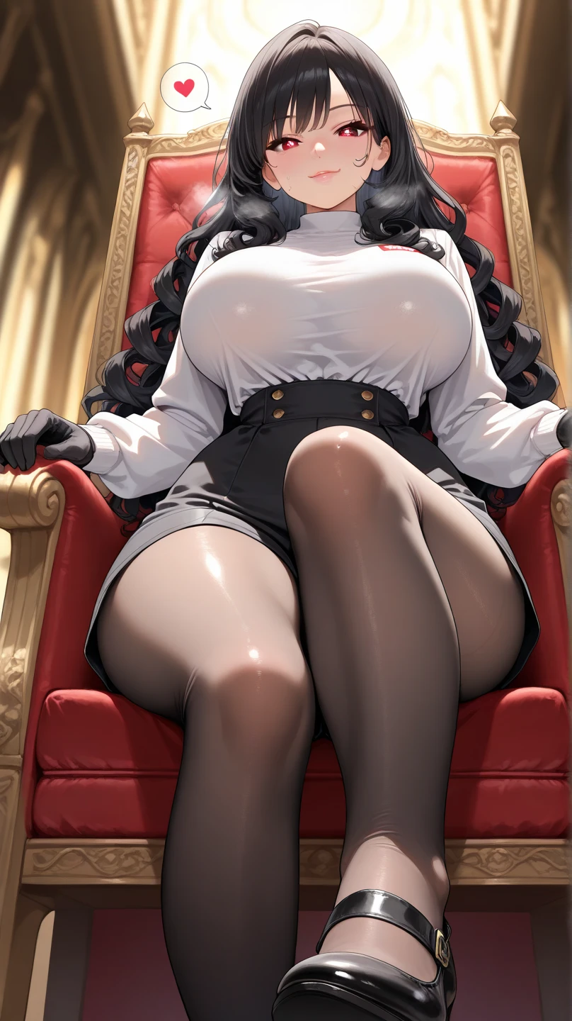 Solo，Black military uniform，female emperor，(gigantic breasts:1.5)，indifferent expression，Long black hair，Black colored eyes，Black pantyhose，Oily pantyhose，No shoes，White skin，sitting on an royal throne，Below the eyelids，Bottom-up view，royal palace interior，Feet on the white carpet