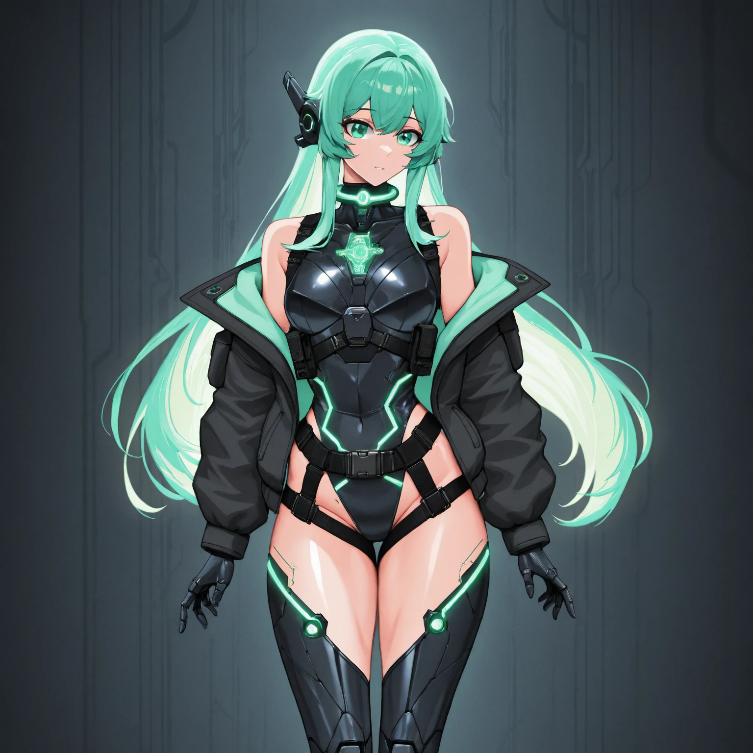 ((masterpiece)), ((best quality)), (ultra-detailed), a , , beautiful emerald green hair, beautiful skyblue eyes, ((beautiful eyes))
very long hair, breasts, looking at viewer, flat/small chested, many , small breasts,small breasts,,, Lolita
black tights, mechanical suit, Bodysuits, headphones, mechanical parts, arms, weapons, mechanical armor, emerald green line, mechanical skirt
in the future city