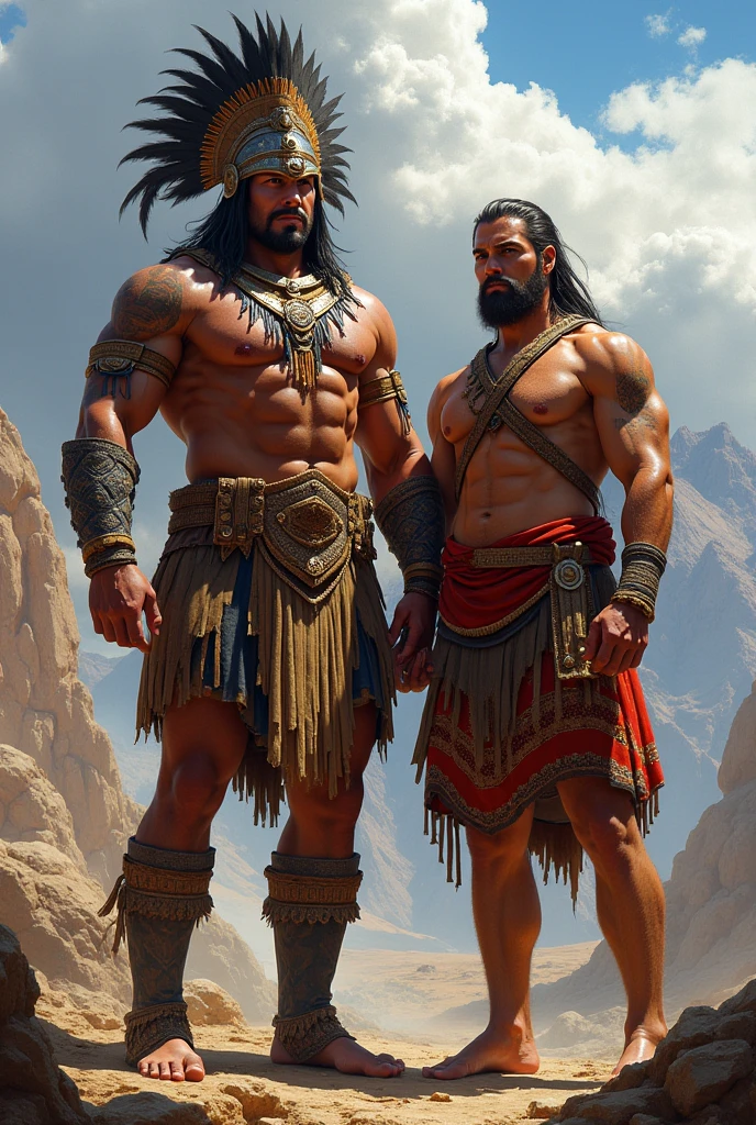 2 male concubines of the emperor of the Han dynasty, both standing beside each other both aged 30 muscular guys ,wearing ancient revealing Chinese dress with tight thongs showing off huge bulge with long silky hair and masculine features with a serious face looking at the ground.sexy men,Battle scars, bowing to the camera with the emperor behind the camera out of sight, men
