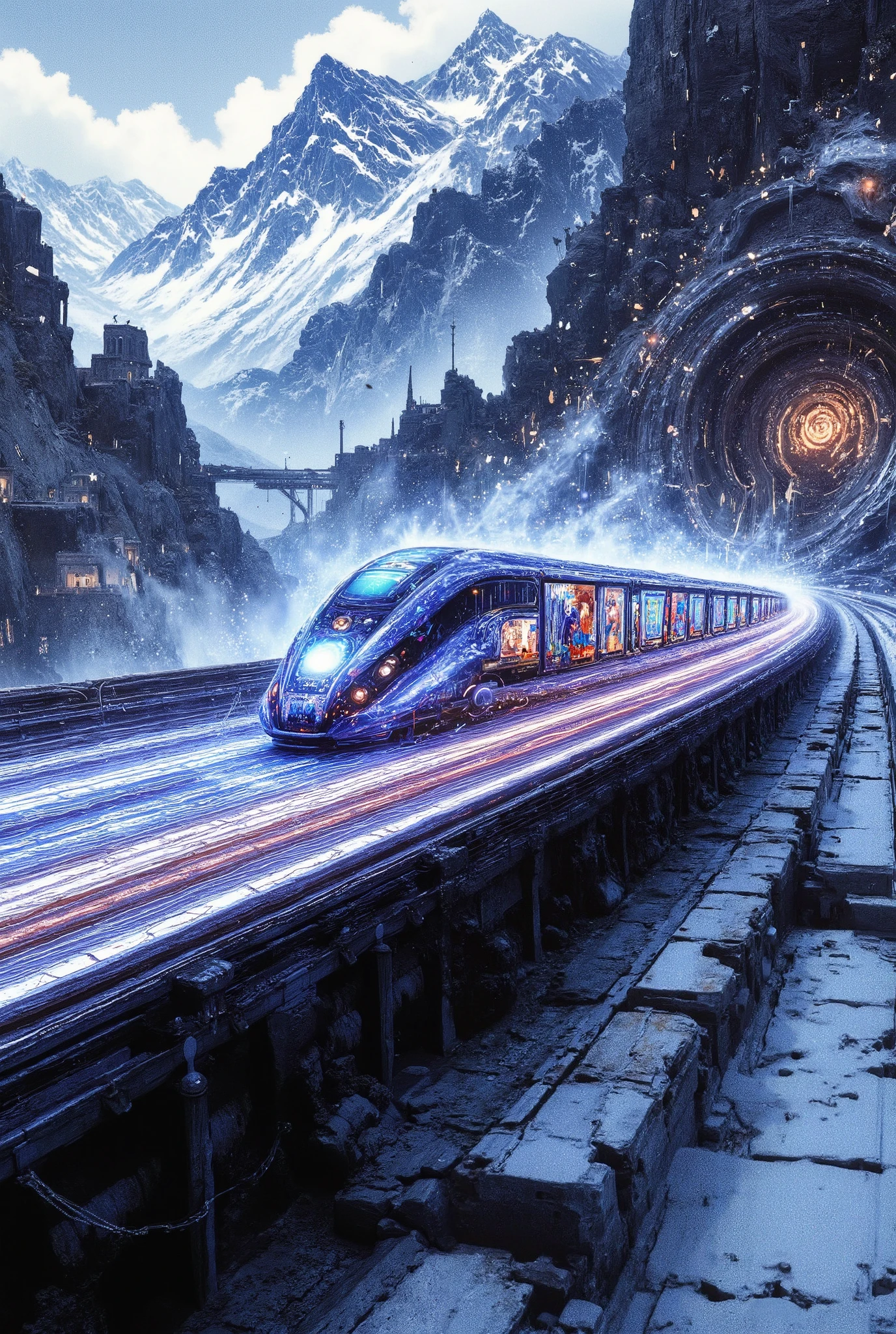 ((( Tomorrow's train digital graphic design in its external structure , bem externo , passing over a Grand Bridge on a hill futuristic details and each part of the train , neon and reflective effects the train structure itself, externally speaking, has images and product announcements as if it were a billboard in motion , absurdly extreme speed travels around the world in 10 minutes full HD 8k quality outdoor environment Mountain Chains severe winter weather)))