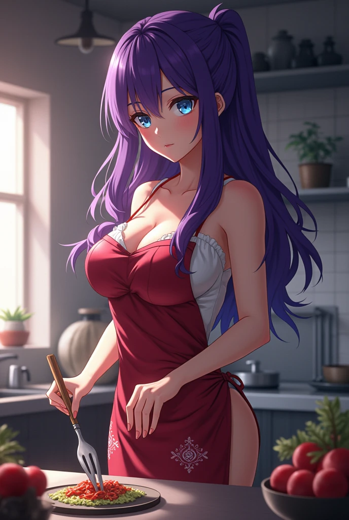 Raiden shogun, Raiden, wearing nude apron, kitchen apron, (solo:1.2), 1girl, purple hair, long braid, hair ornaments, side bangs, purple eyes, perfect eyes, (detailed eyes), dark eyeshadow, symmetric face, glossy lips, (looking back), stiff shoulders, bare shoulders, atheletic back, side breasts, busty hips, bare ass, (perfectly round ass:1.2), slim waist, thick thighs, (oily body), pink_apron, apron string, kitchen background, white furnished kitchen, (blush on face), embarrassed expression, (masterpiece, best quality, ultra-detailed), (absurdres:1.2), 4k, 8k, high resolution, HD, vivid colors, professional lighting, professional photography, (pov ass), view from back, (mature:1.2)