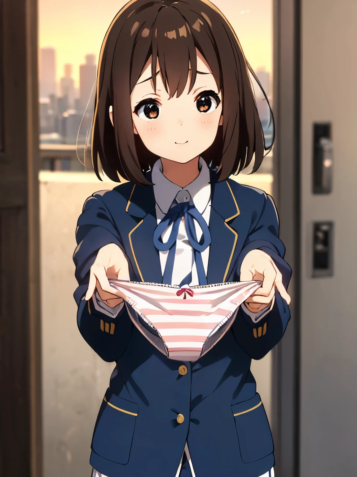 (((masterpiece))), Highest Quality, Highest Quality, Advanced Details, full body, Plane, 1 girl, Sakuragaoka high school uniform, school uniform, Two yellow hairpins, short hair, Brown haired, brown eyes when droopy, solo, reddish, dark blue blazer with thin blue ribbon , wear a blazer on a plain white button shirt, Awareness-raising, , I feel desire for each other, Stay calm , calm colors, soft cinematic light, adobe lightroom, photolab, high resolution, intricately and in great detail、(((depth of field))))。(((masterpiece)))。(((Highest Quality))).)((ultra details)))。(((Awareness-raising)))。((( TAKE OUT ))). Dynamic Focus .Big Breasts.(((skyscraper))).(((cityscape))).(((Happy Face))). opens his mouth,(((On the chest))).((Afternoon Light)).(( Sunset)),(striped panties, Holding panties in hand),upper body、from above,