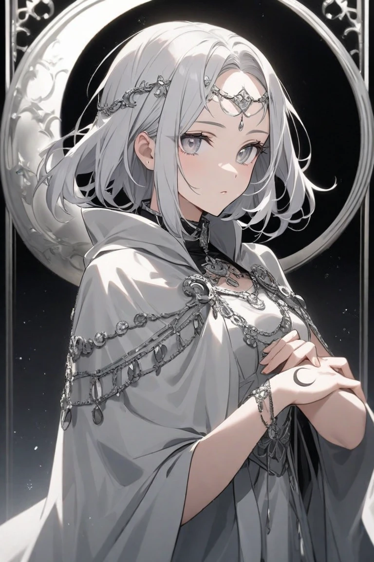 dark magic user, black holes, witch, cursed tattoo on body, robes, grey skin, crest, close-up, huge magic circle on hand, fantasy art, sapphire accesory, perfect body shape, look away, shy blushing face, masterpieces, solo, magical belt, void aura, mystic quality, 16k anime wallpaper quality, extreme eye detail