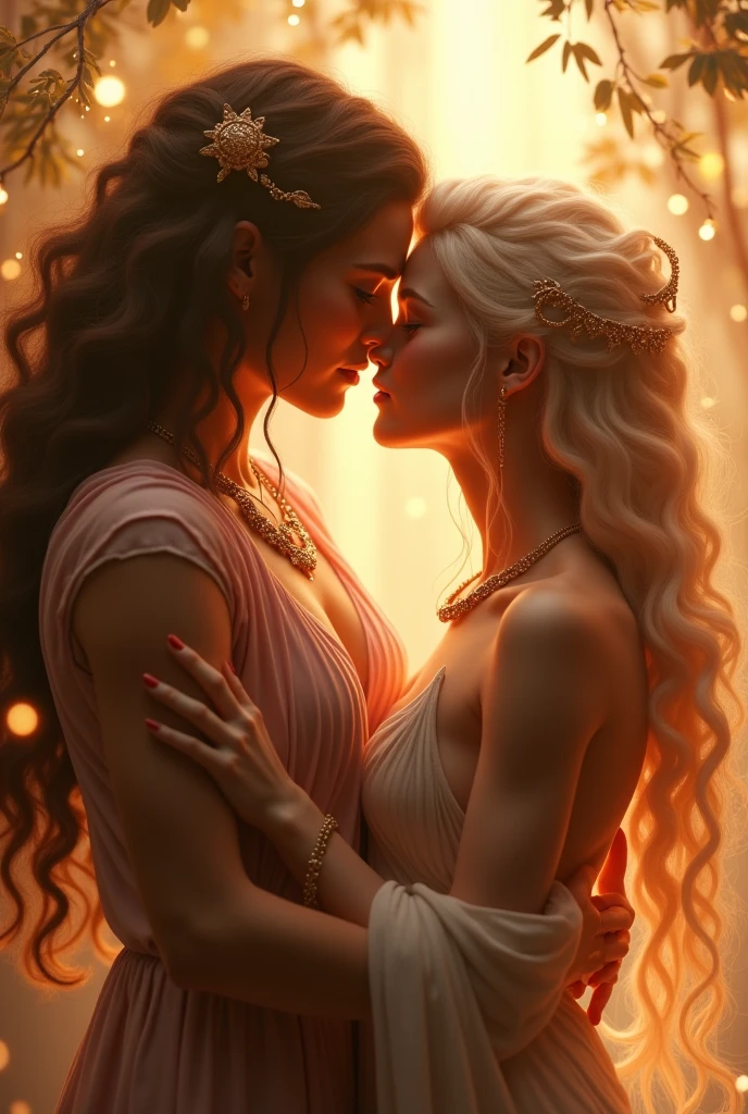 Medusa and Aphrodite from mythology embracing tenderly, A soft kiss, a soft and orange light