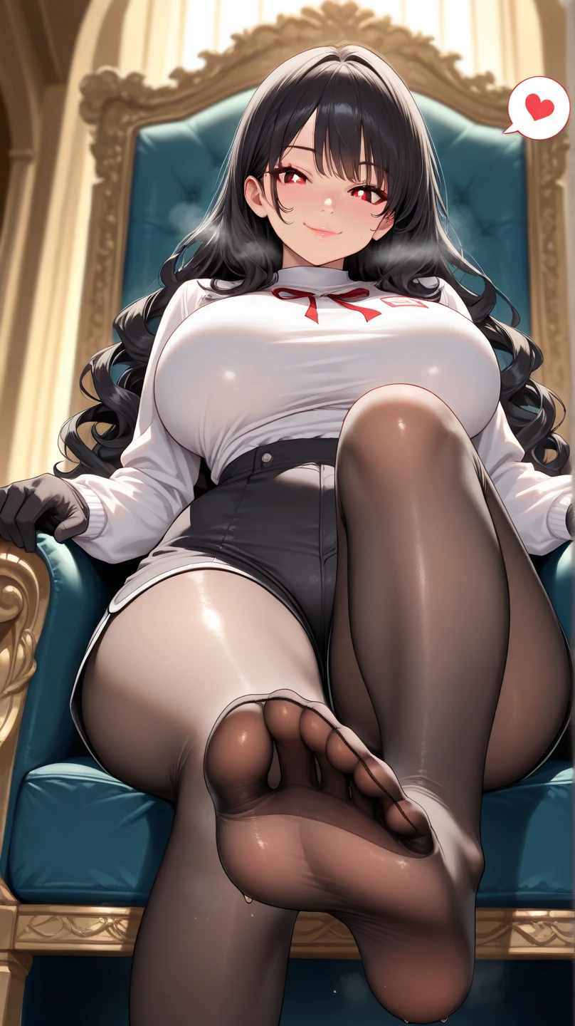 (((Best rendered quality))), (voluminous detail), Office uniform thick thighs under miniskirt, a captivating bodybuilder brat secretary teasing boobs, open navel, underboobs, crop top, voluptuous busty breasts, exotic fishnet thigh highs, alluring dominant sexy face with black hair, detailed midriff, peering waistline, stimulating soles, exhibiting legs-up pose, salivating tongue out, erect , full body, thong, gorgeous calves, heels, standing, encouraging viewer with soles action, (((worship fetish))), dominating mommy complex, sexy position on her toes, a portrait of a pair of seductive juicy legs, secreting bodily fluids, lactating