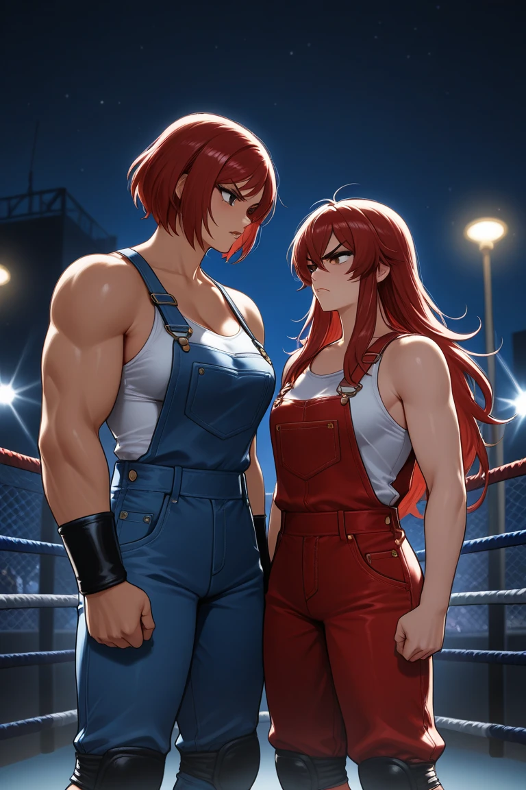 Two woman kissing, fMarisa 22 y.o trans female, 210 cm tall, short red hair, Poison 26 y.o 183 cm tall female, pink short bob hair, muscular body, fit toned body, big breast, big biceps, toned thighs, wider hips, round butt, small blue eyes, black sports bra, high waisted spandex shorts, green short underwear, red leggings, swimming shorts, white wall in the background,(facing viewer, looking at viewer) (red hair two braided) , brown eyes, full body shot, ultra realistic, legs stretched, detailed face, kissing each other, holding each other,