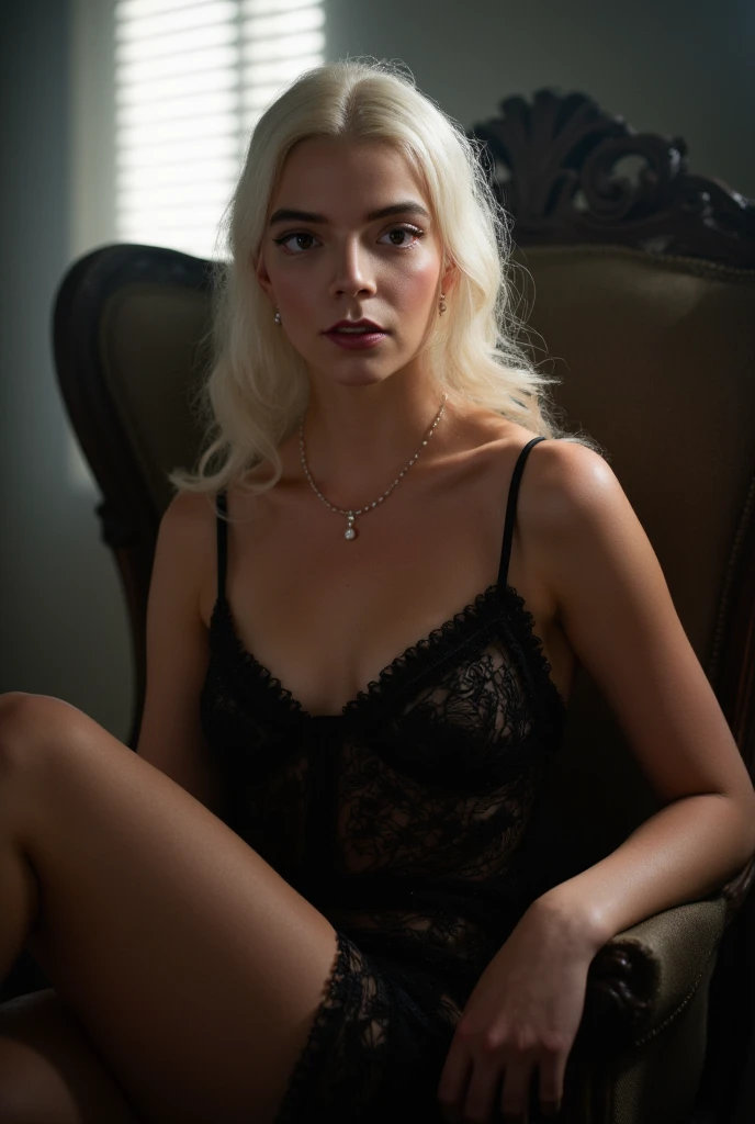 photorealistic close up portrait of a seductive girl, she has long white hair, she is wearing an open see-through black nightgown, she has delicate pearl jewelry, she looks at the viewer with a sensual gaze, sensual expression, natural light skin tone, detailed skin texture, realistic skin with vellus hair and small moles, perfect fitness body, open armpits, small breasts, she's lying in a big chair with her legs spread, rays of light from the blinds beautifully penetrate the haze, the light shines on her naked body, dramatic lighting, dramatic shadows, noir style, timeless and intimate atmosphere, high quality, masterpiece, cinematography, cinematic scene, photorealism, soft grained film photography, retro style photography, professional photography, intricate details, add detail, sthcflx