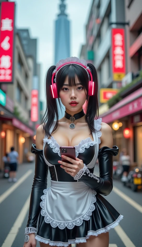 ((16K)),((masterpiece:1.3)), ((Highest quality)), ((Ultra-high resolution)), (Very detailed), (Realistic, photoRealistic:1.4), Perfect lighting,((Side light)), Written boundary depth, Surrealism,photo shoot, No makeup, Film Grain, chromatic aberration, Sharp focus, Face Light,((Beautiful detailsまでこだわった髪)),((Beautiful eyelashes)), Beautifully detailed face, Beautiful details, Beautiful clavicle, Beautiful body, Thin legs,Beautiful breasts, Beautiful legs, ((Detailed and carefully drawn hand)), Cleavage, Perfect Anatomy, Supermodel with a long neck,((Skinny1.3)),23 years old,Looking into the camera,(Perfect Anatomy,Anatomically correct, Very detailed肌), Glowing Skin,((pale skin)),((beautiful girl:1.1)),(( large breasts :1.5)),shiny hair,((two side up)),((Black Hair)) ,((Hime cut)),Dainty facial structure,((Happy smiling face with open mouth:1.4)),((crossed arms)), (((wearing jirai fashion, shiny pink satin, shiny pink latex, high neck, short dress with many frills, pink Lace, micro mini skirt, bow ribbon)))+, ((super large breasts)), ((see-through black thighhighs ))+, looking at viewer,(( Create a vibrant and detailed image of Akihabara at night:1.4)), Akihabara,showcasing its iconic neon-lit streets,((The scene should feature tall buildings adorned with colorful neon signs:1.3)), ((electronic billboards1.4)), and advertisements, casting a bright,(( multi-colored glow over the bustling street below)), ((The sidewalks are filled with people)), ((some in unique fashion styles like "jirai kei" or cosplay)), reflecting the eclectic and lively atmosphere of the area,((The overall mood should be energetic and slightly futuristic, capturing the essence of Tokyo's famous Electric Town)), neon lights and holographic advertisements illuminating the scene,((cowboy shot)),((wide angle:1.7)),((from below)),