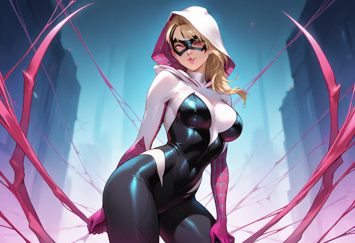 (masterpiece, best quality), 1lady, spidergwen, solo, full body, moderately big boobs, swinging, masterpiece, artstation, dynamic, charming, fantastically beautiful, illustration, dramatic lighting, blonde hair