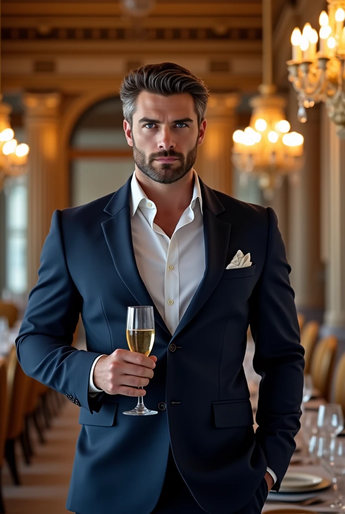 Elegant man kneeling looking forward with a glass of wine in his hand
