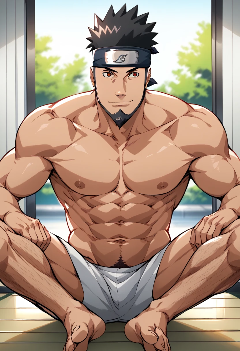 young male, 18 years old, tanned skin, light brown hair, green eyes, naked and with a prominent penis. at the restaurant