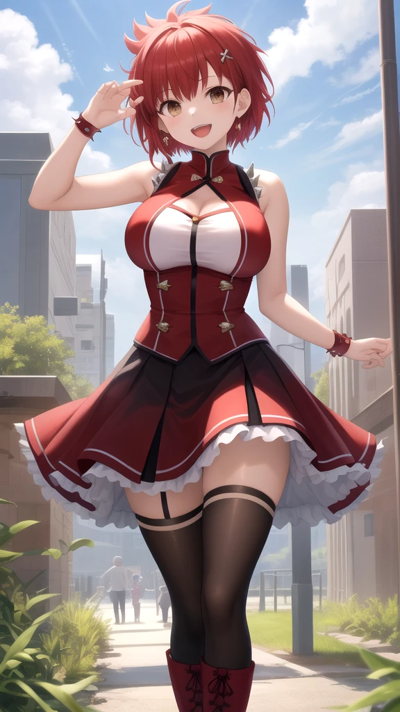 Chisato, the solo girl with short bangs and a sexy pose, is indoor and wearing a red lycroris recoil uniform with medium breast size, garter straps, and stockings. The details of her uniform are intricately depicted, showcasing realistic CGI and medium light. The red side ribbon complements her smile as she stands confidently, her hands hidden behind her back.