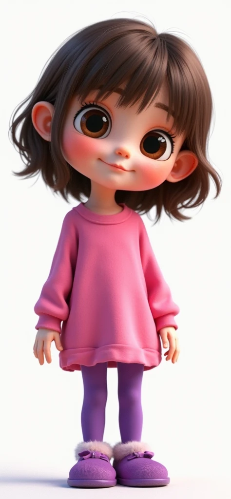 <lora:Boo_-_Monsters_Inc.:1> small hair, (brown hair:1.2), two pigtails held by pink hair ties, large round brown eyes, short bangs, wide-eyed expression, pink large-sleeved t-shirt, rest room, indoors, detailed eyes, looking at the viewer, hand on hip, teeth, light grey shoes, window, (brown eyes:1.2)