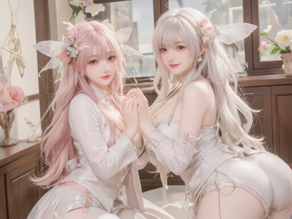 Dark Elf, 2girls, pointy ears, thighhighs, long hair, kneeling, black hair, looking at viewer, white hair