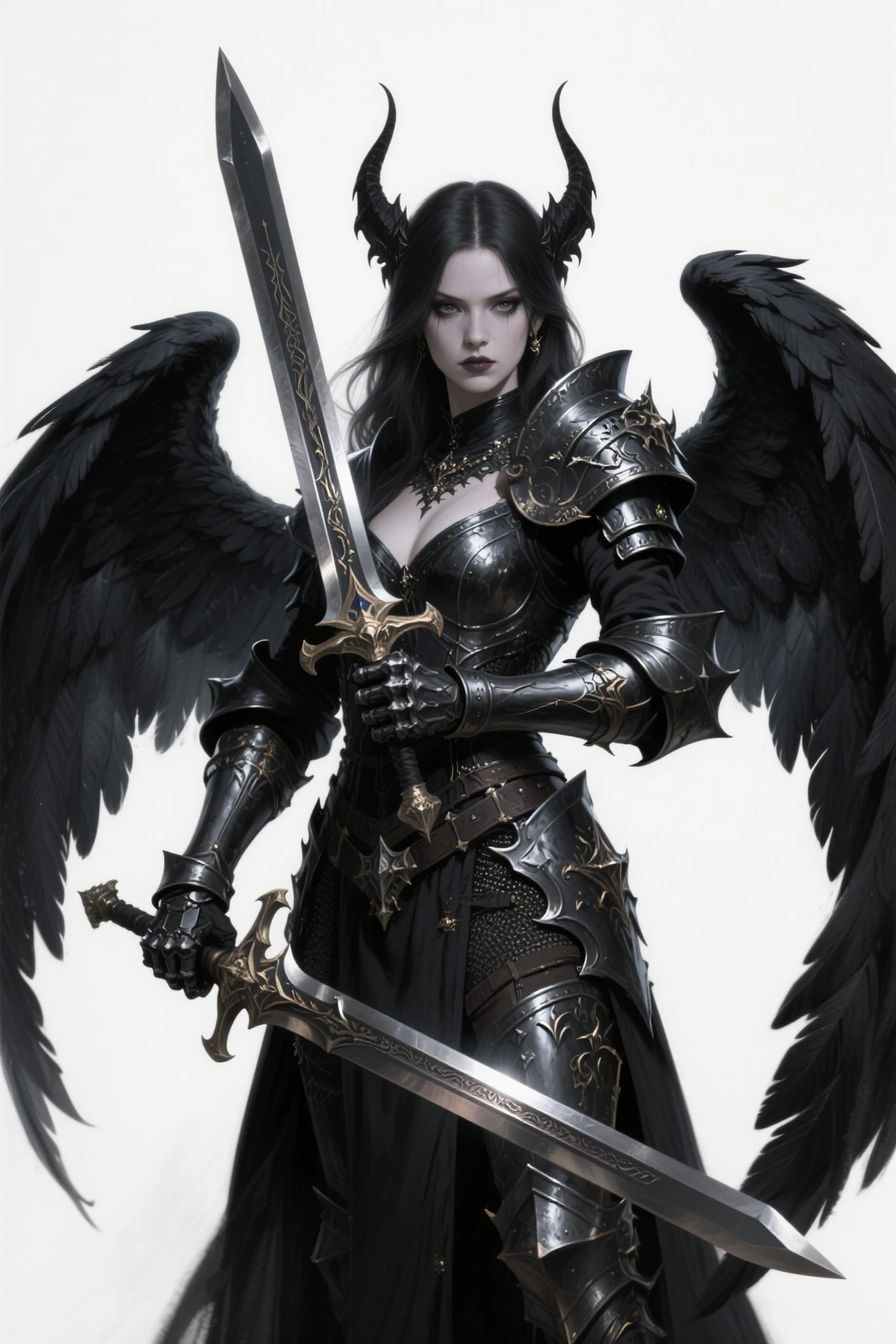 black background, a black angel in the middle, holding a sword up