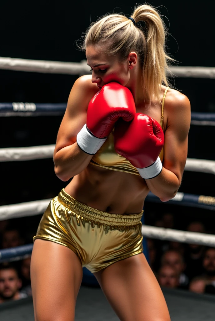 Female wearing suit and tie intense fighting in boxing ring, shiny tight silver suit, (three-piece suit), pants suit, necktie, pantyhose, waistcoat, dynamic lighting, in the dark, deep shadow, low key, cowboy shot full-lenght body,fight stance, taunting, winning pose, preppy style, powerfull fight stance, focus, she win the fight pose