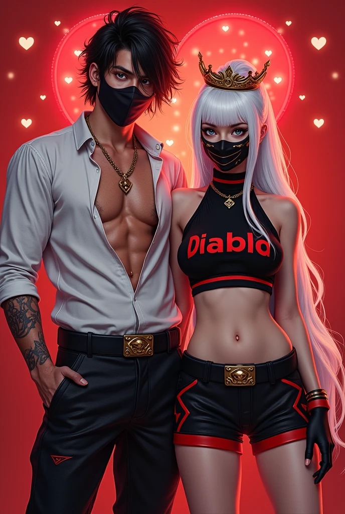 latin man beautiful face smiling with closed mouth tanned skin short black hair cut on the sides silver hoop earrings silver septum piercing thick stubble a pair of red horns on its head tattoo of a demon on the right arm tattoo on right hand athletic body large chest thick, hairy legs demon tail