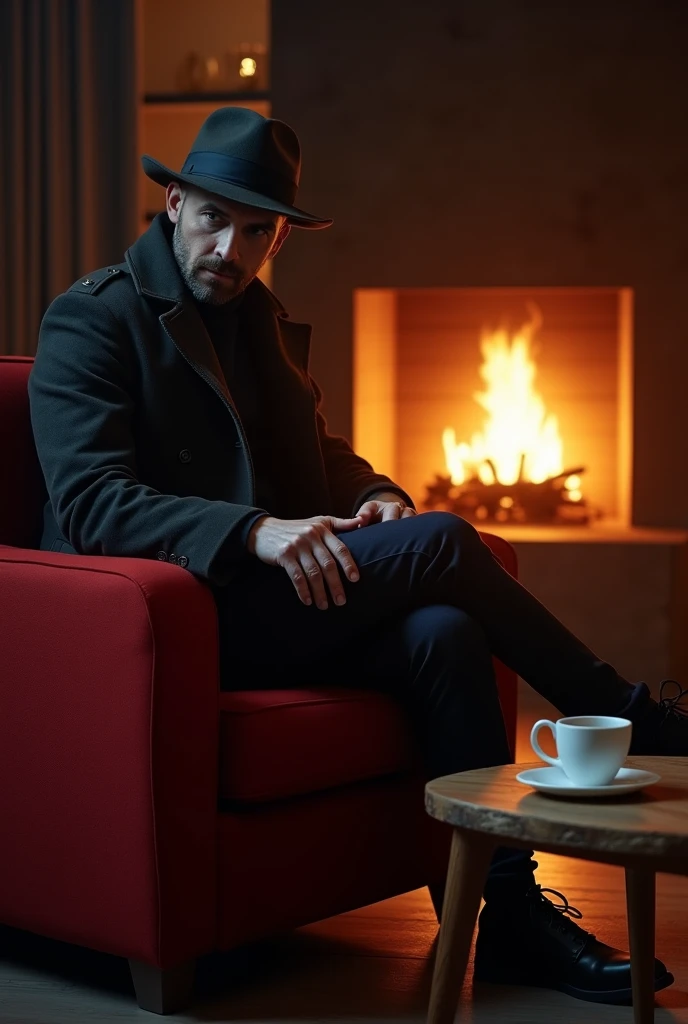 A man sits facing the fireplace in fur clothes. 
