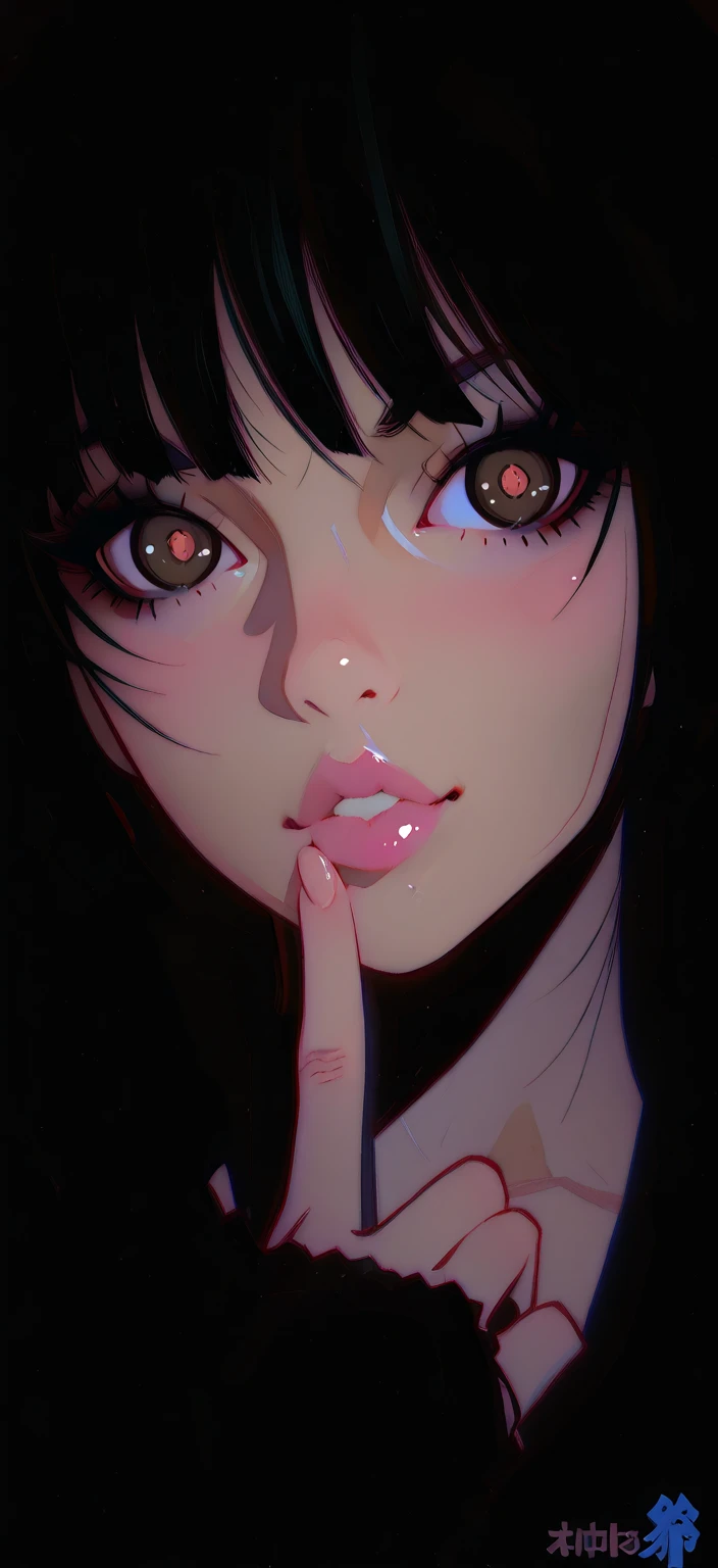 ultra-detailed:1.3, ultra delicate and detailed face:1.3, (absurdres, texture, masterpiece), oil painting, ennui, virginity, pixiv contest winner, by Posuka Demizu, dynamic manga-style illustration of slender girl with applying red pigment to her lips with her finger, moist eyes, moist lips, head tilt,