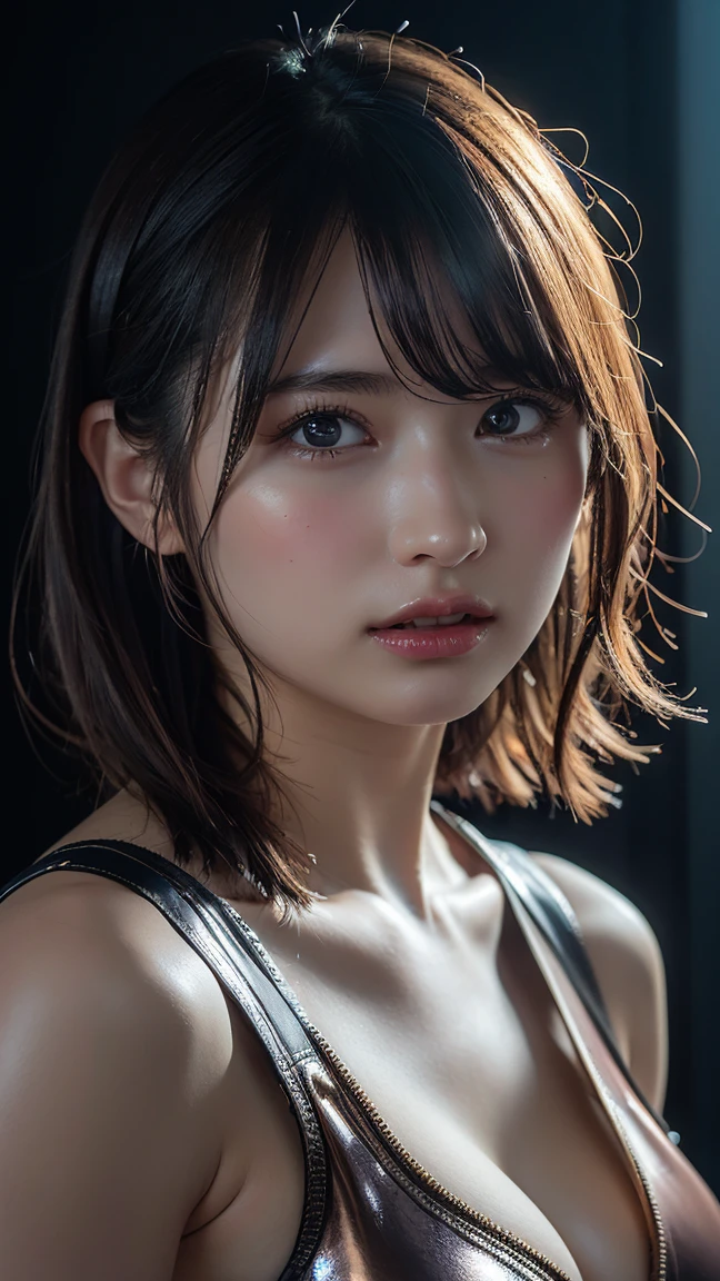 (Highest quality:1.4),(masterpiece:1.4),(Realistic:1.4),(Realistic:1.2),(超High resolution, RAW Photos:1.4),(High resolution, Very detailed:1.2),(8K:1.2),Cinematography,a photo of a dark-haired,Her hairstyle is a short bob with bangs.,One Girl,alone,(Top naked),((Upper Body:1.3)), ((medium breast:1.3)), (small areolae:0.5), (small nipples:1.0)