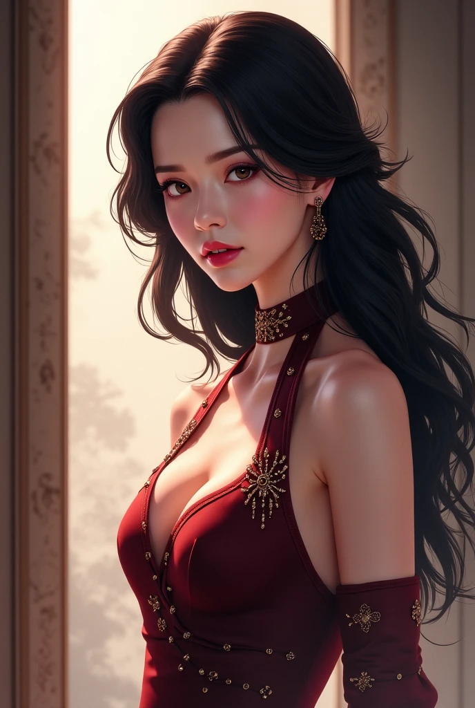 wlstyle, 1girl, fashi-g,china dress, red dress, off shoulder, shiny skin, black fur trim, wavy hair, long hair, black hair, large breasts, mature female, <lora:WLOPStyle_NAI_c_Extended:1>